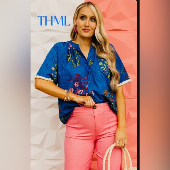THML Blue Embellished Buttoned Blouse with Mandarin Collar Sz XS NWOT - Picture 1 of 10